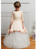 Three Quarter Sleeves Peach Lace Satin Peplum Long Flower Girl Dress